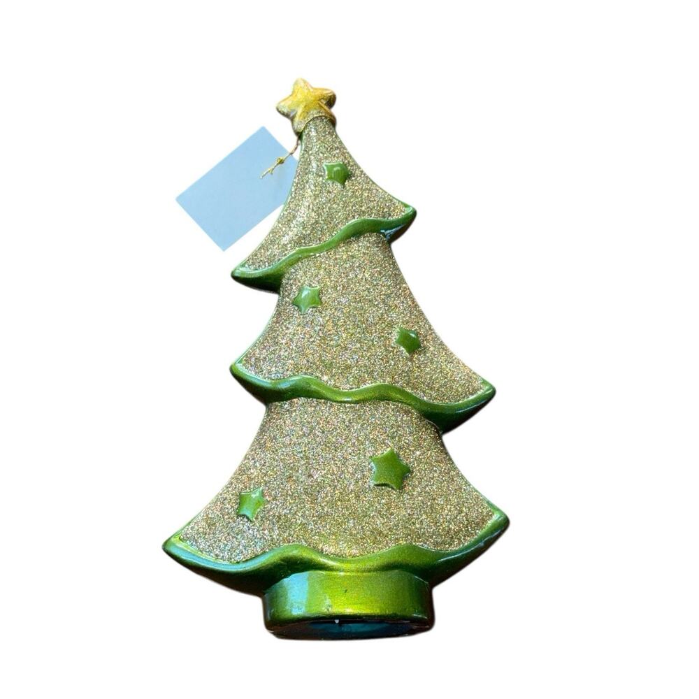 Old Time Pottery Glitter Ceramic Christmas Tree Top Mantel Decor Gold Green Star